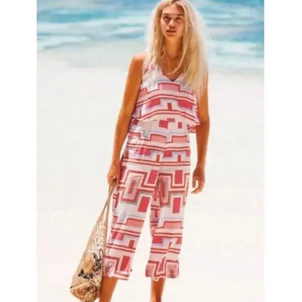 Mister Zimi Jumpsuit Women 10 Pink Geometric Flounce Wide Leg Viscose